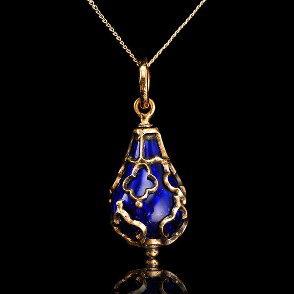 Antique Blue Enamel Guilloche Drop Pendant in 15ct Gold