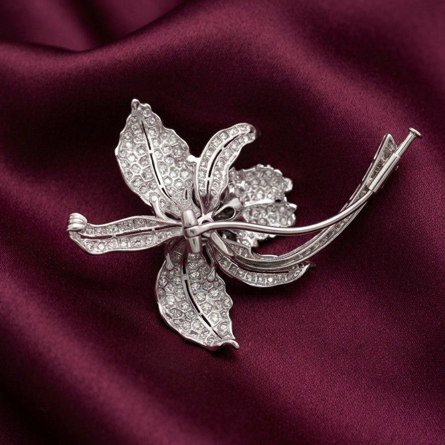 Edwardian Platinum Orchid Brooch, 5.0 Ct Old Mine Cut Diamonds, Italy
