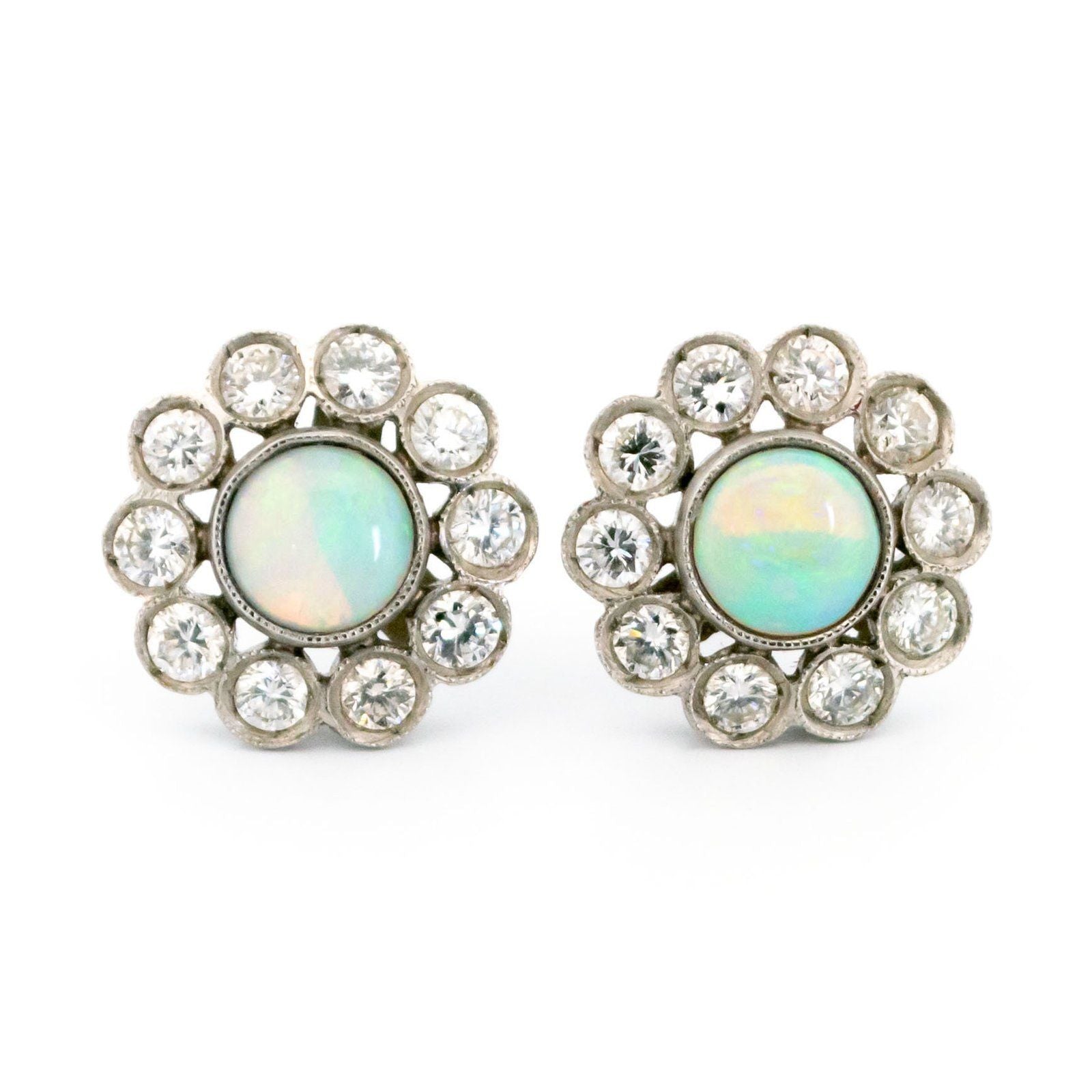 Opal and Diamond Cluster Stud Earrings in Platinum