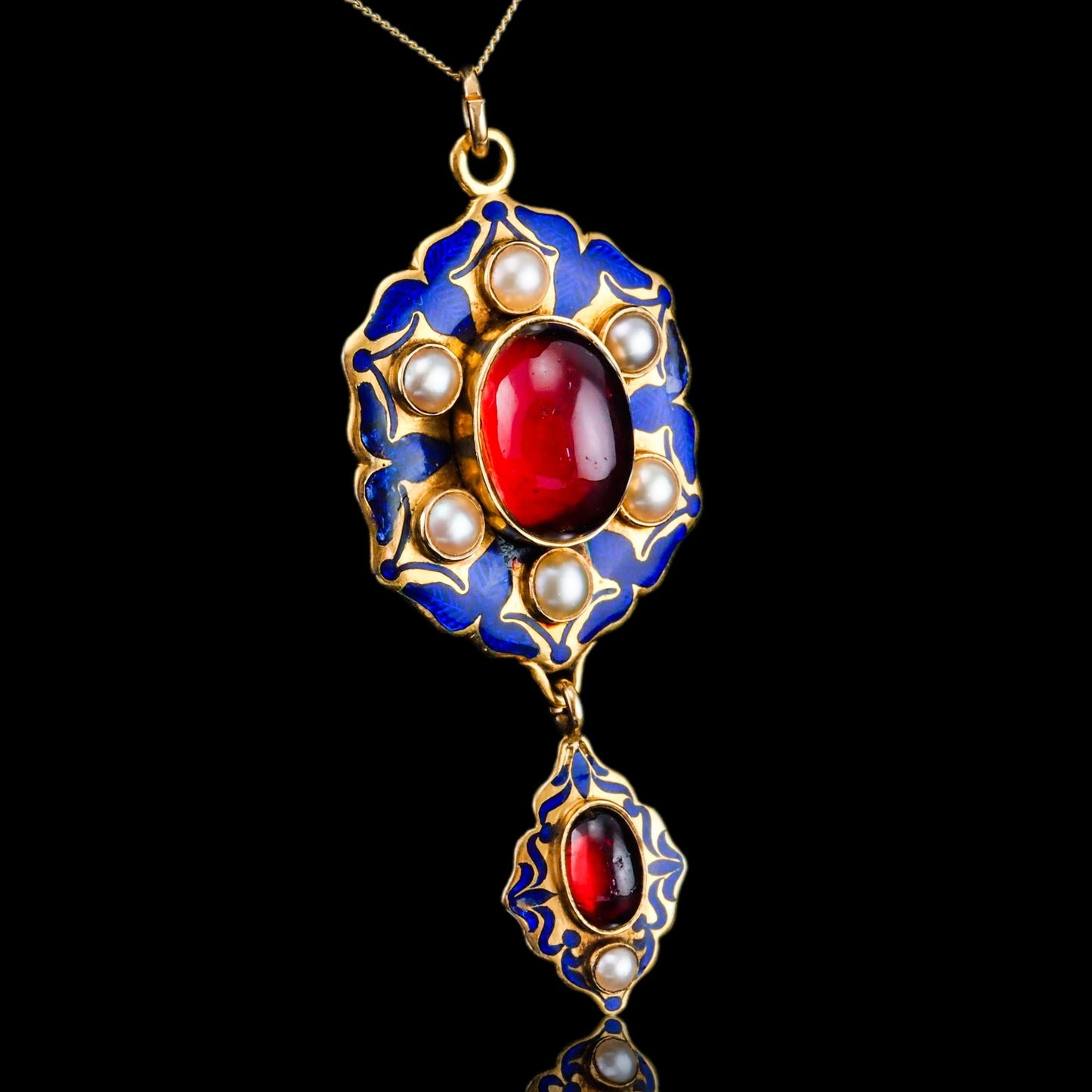 Victorian Antique Garnet Pearl Blue Enamel Holbeinesque Pendant Necklace