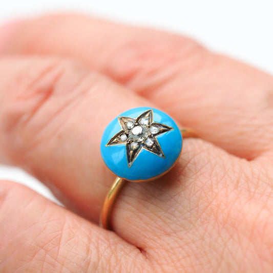 Antique Victorian Diamond Star Ring 9ct Gold Blue Enamel Cabochon - c.1890