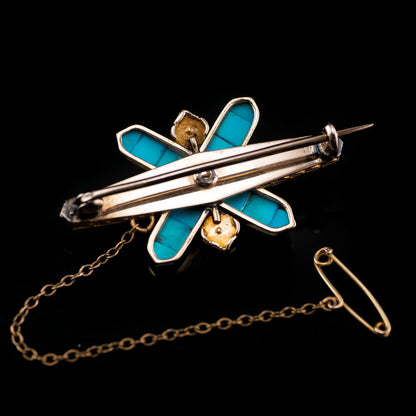 Stunning Antique Victorian 14K Gold Turquoise, Pearl & Diamond Brooch