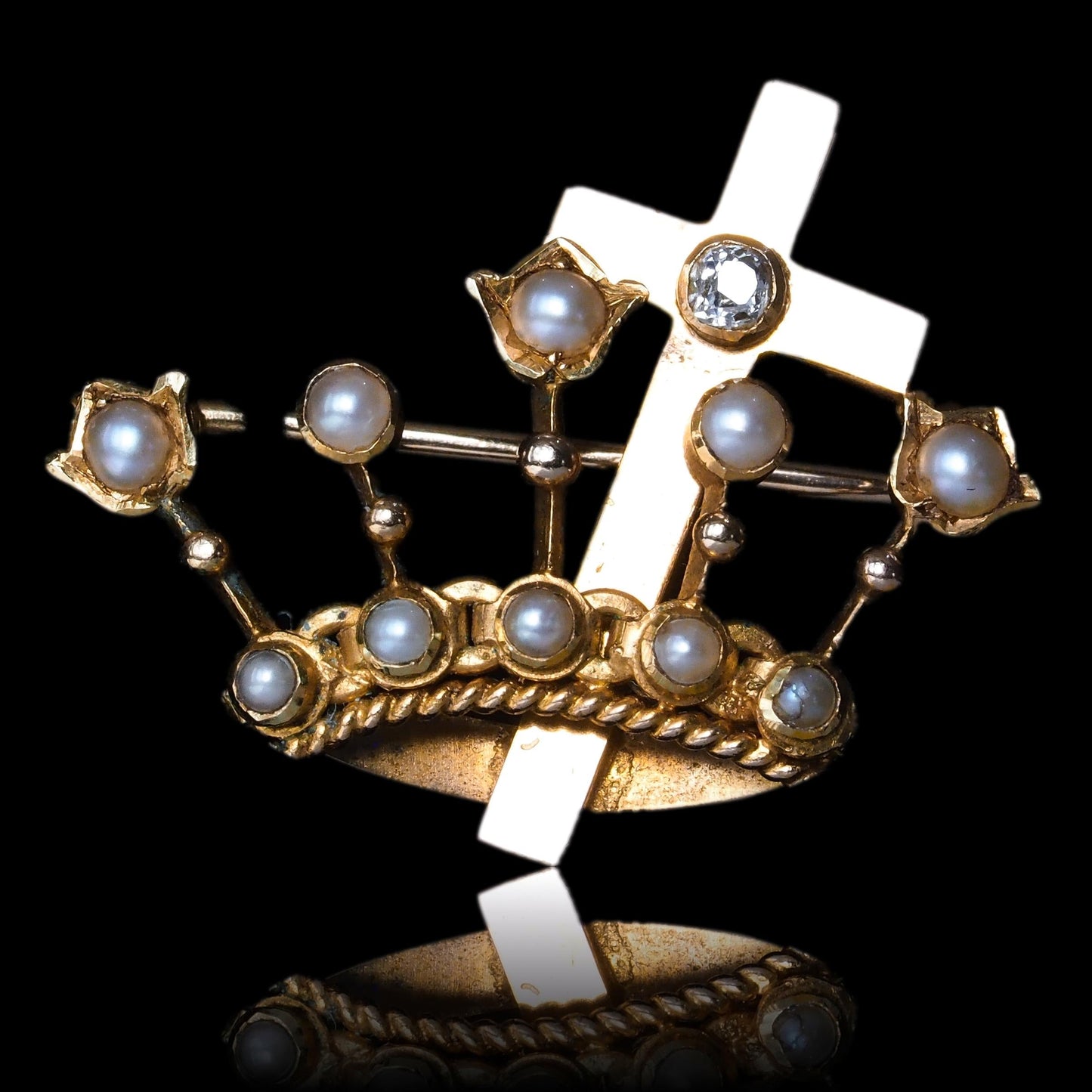 Antique Crown/Coronet Brooch Diamond & Pearls with Cross 15K Gold - c.1890