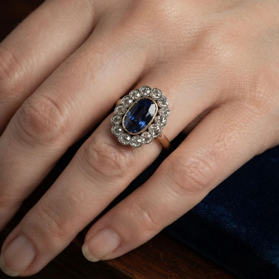 Late Victorian Antique 4.18ct Natural No Heat Ceylon Sapphire and Old Diamond Cluster Engagement Ring