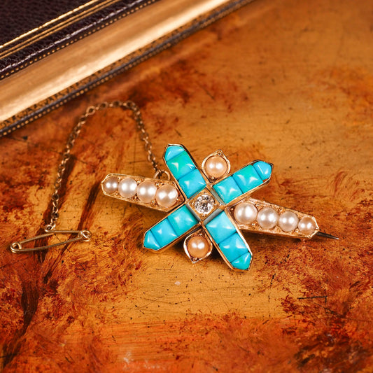 Antique Victorian 14 Carat Gold Turquoise, Pearl And Diamond Brooch