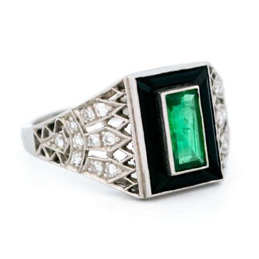 Vintage Platinum, Emerald, Onyx and Diamond Dress Ring, 0.60 Carat