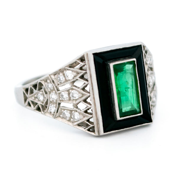 Vintage Platinum, Emerald, Onyx and Diamond Dress Ring, 0.60 Carat