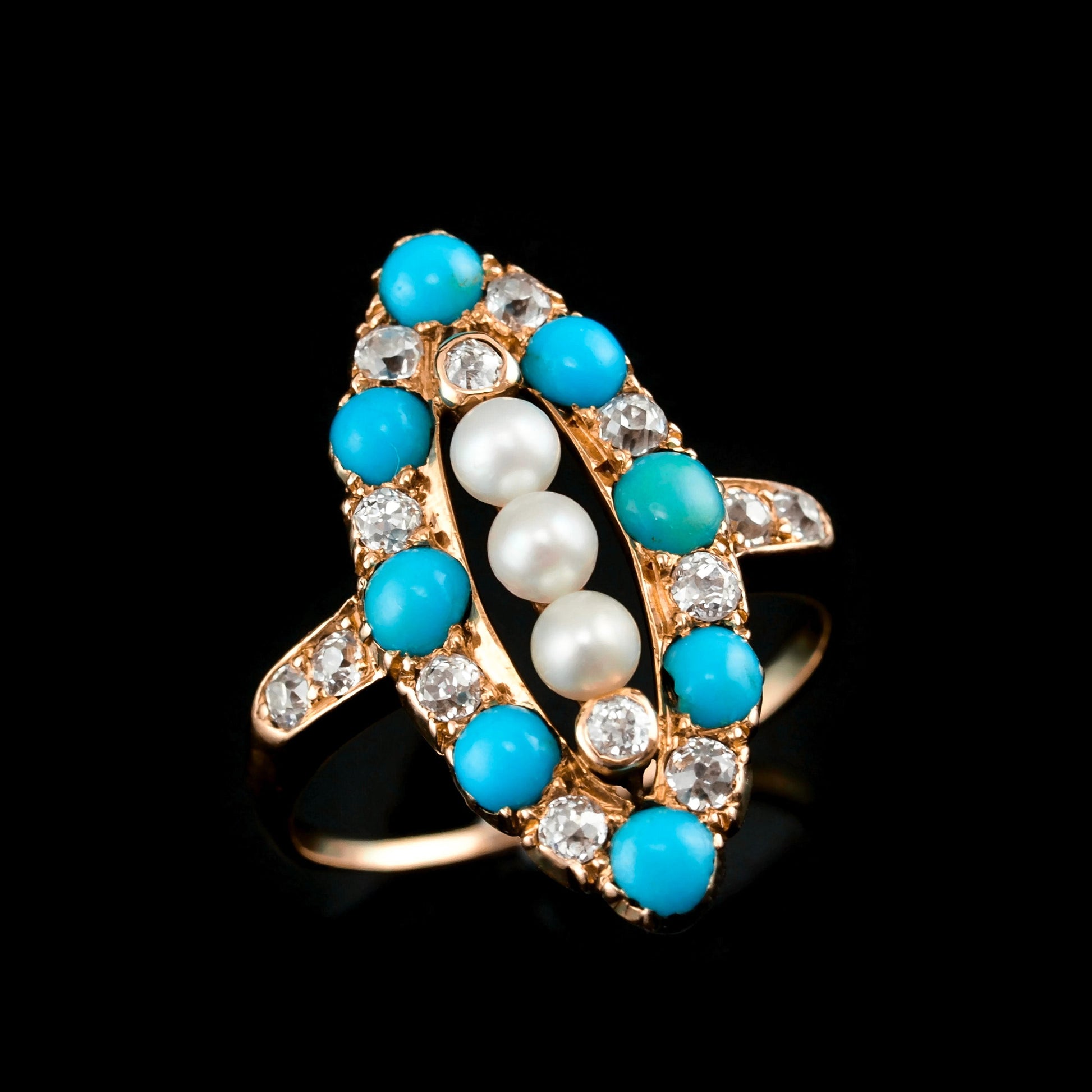 Victorian Antique Victorian Turquoise Pearl Diamond Navette Marquise Cluster Ring Circa 1880