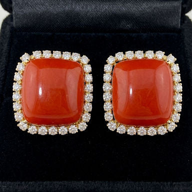 Italian Sensational Red Coral 3.00 Ct Diamond Square Earrings 18 KT