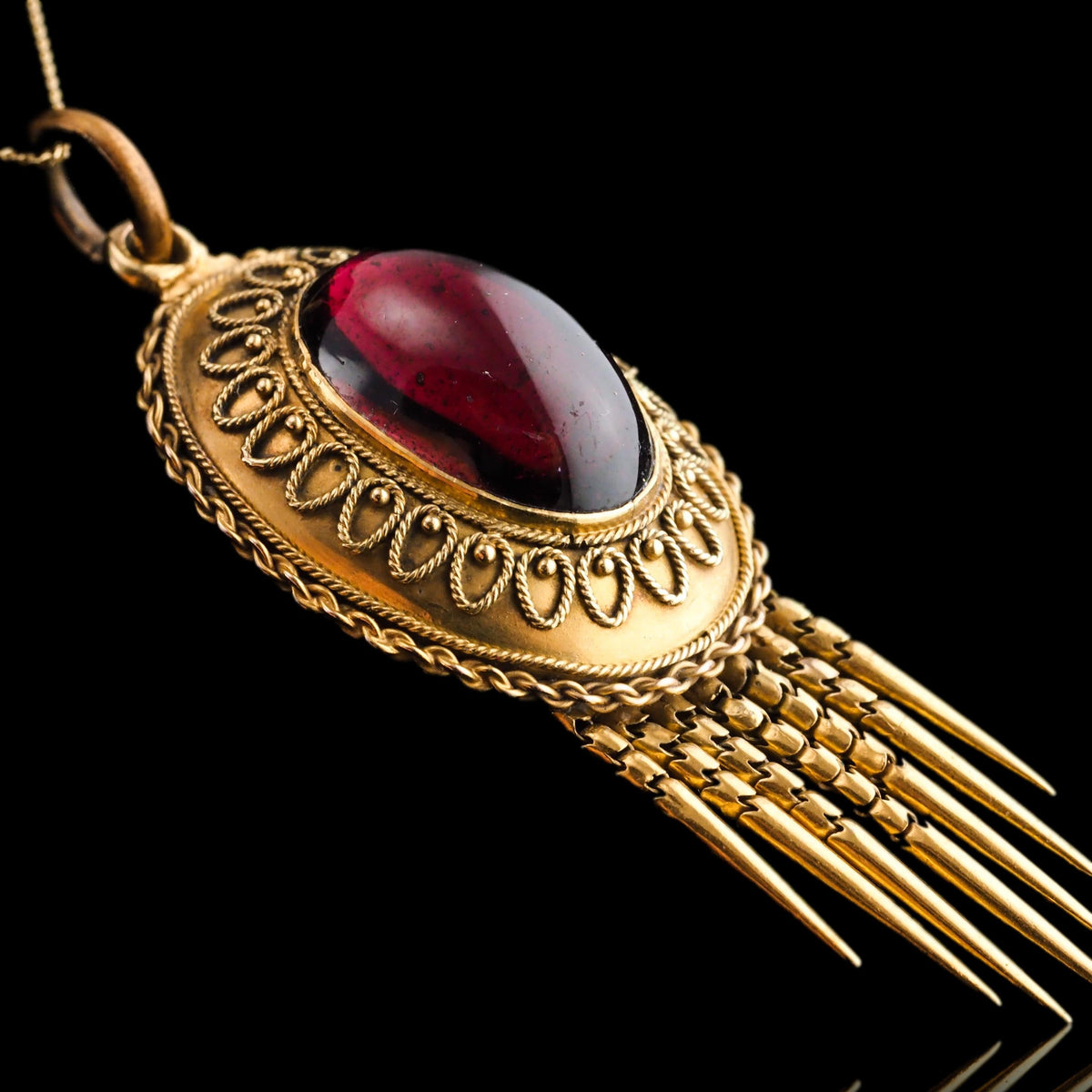 Antique Victorian Garnet Etruscan Revival Pendant Necklace 15K Gold - c.1880