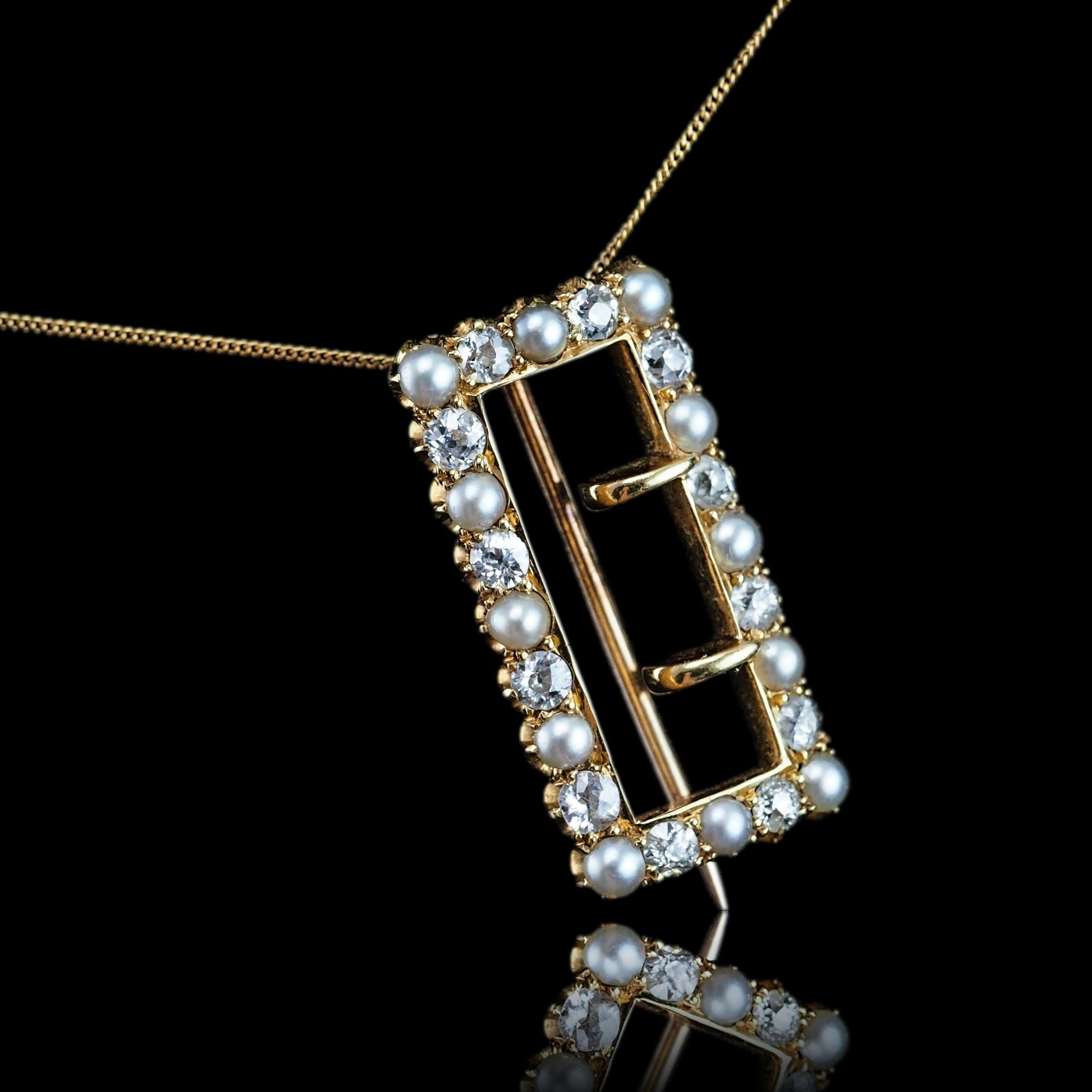 Antique Victorian Diamond Pearl Brooch/Pendant Buckle Shape 18K Gold - c.1890