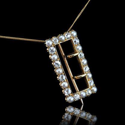 Antique Victorian Diamond Pearl Brooch/Pendant Buckle Shape 18K Gold - c.1890