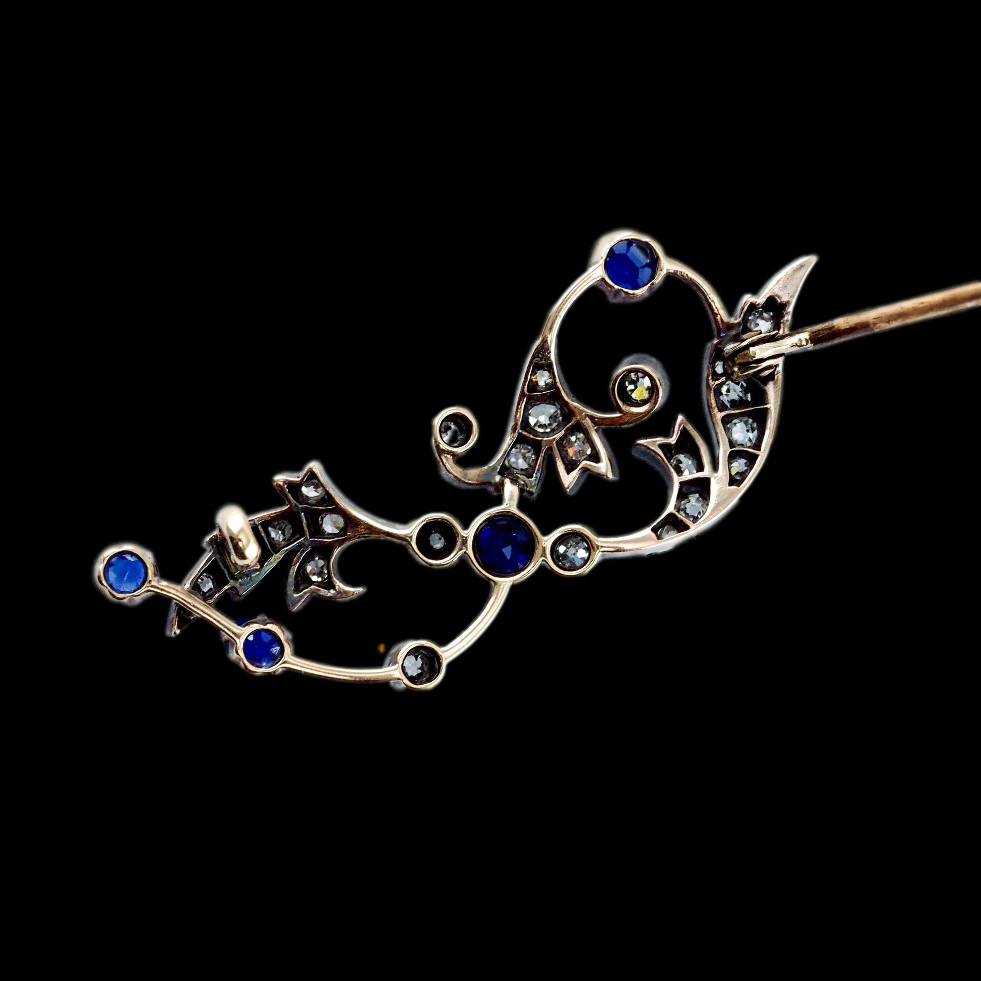 Antique Victorian Sapphire and Old Cut Diamond Brooch with Foliate Motif, Circa 1880