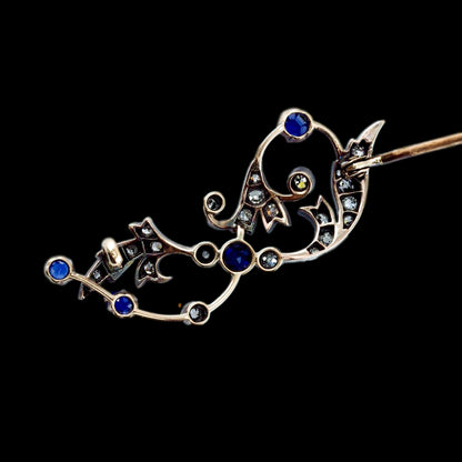 Antique Victorian Sapphire and Old Cut Diamond Brooch with Foliate Motif, Circa 1880