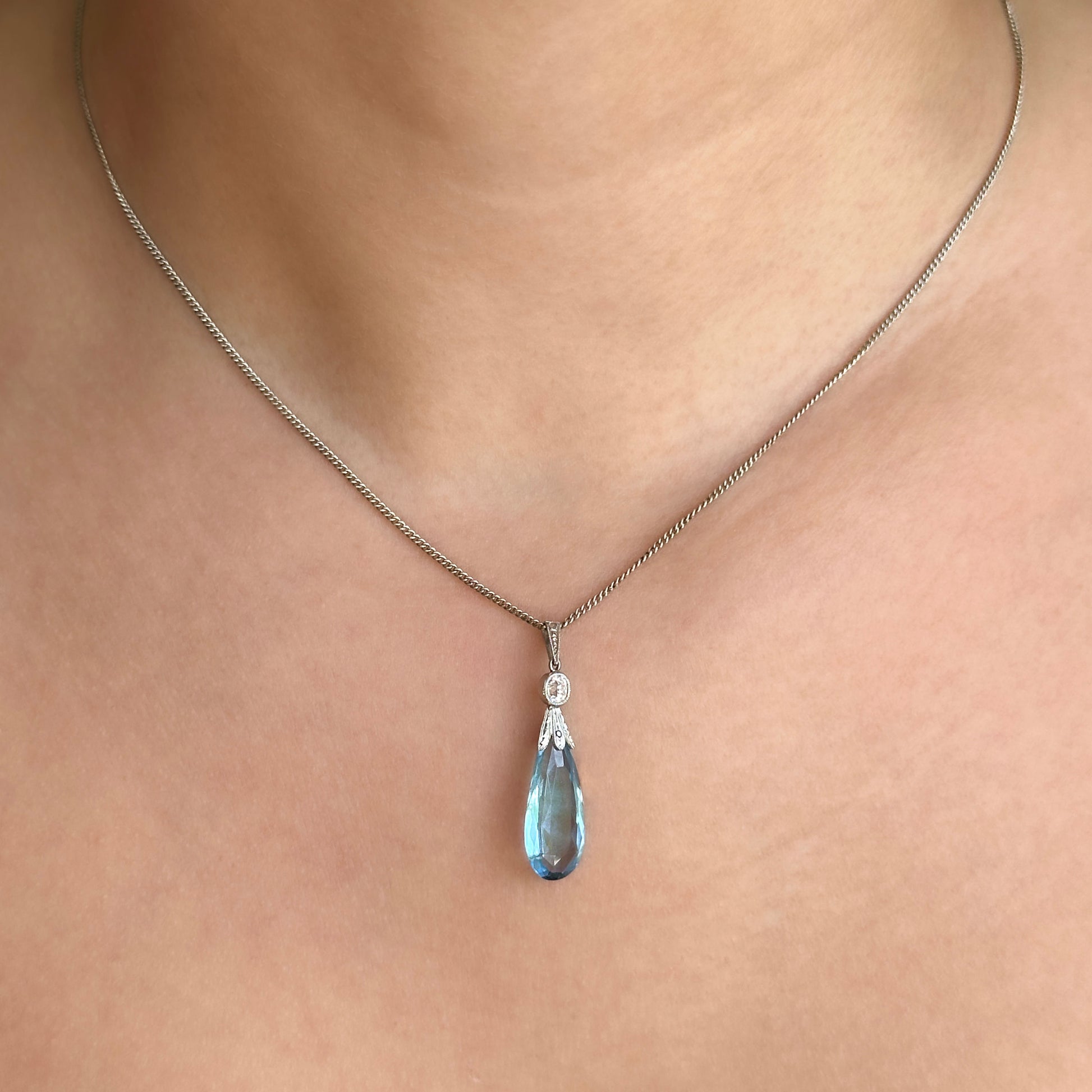Edwardian Antique Pear Shape Briolette Cut Aquamarine and Diamond Drop Pendant With Chain
