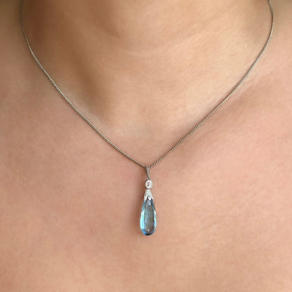 Edwardian Antique Pear Shape Briolette Cut Aquamarine and Diamond Drop Pendant With Chain