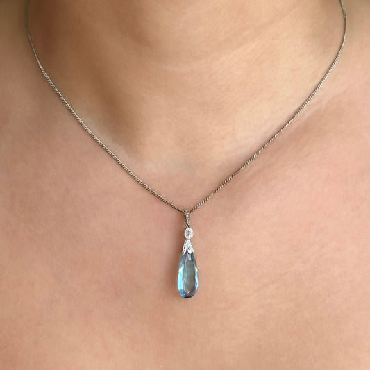 Edwardian Antique Pear Shape Briolette Cut Aquamarine and Diamond Drop Pendant With Chain