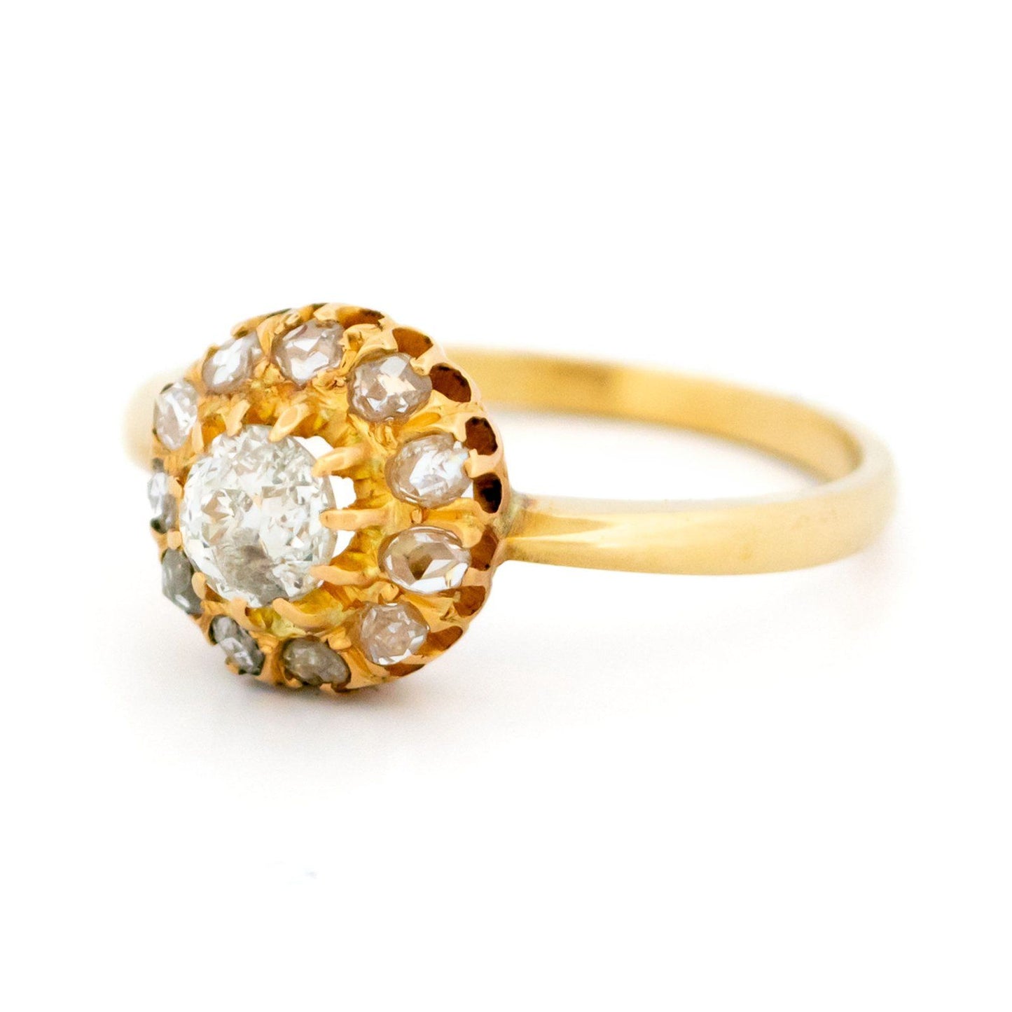 Victorian Antique Old Mine Cut Diamond Cluster Engagement Ring in Yellow Gold