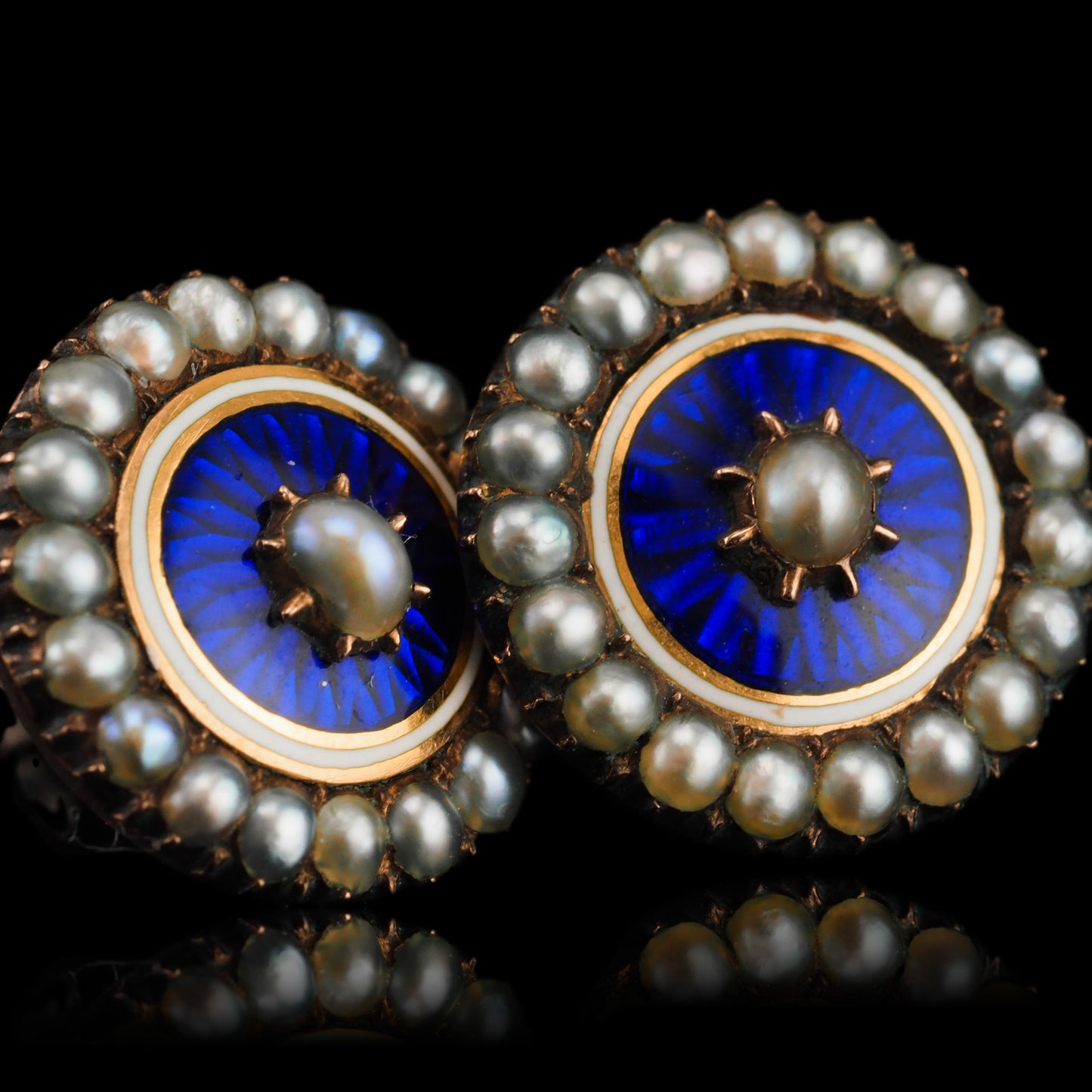 Antique Georgian Gold Earrings with Blue Enamel Guilloche and Seed Pearl Cluster 'Target' Design - c.1800