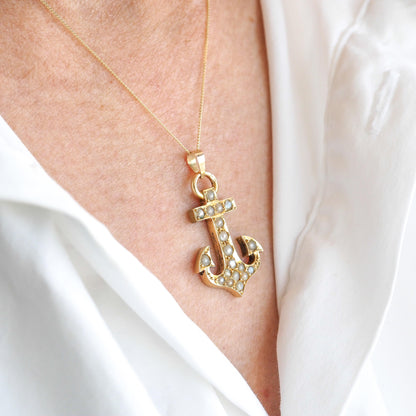 Antique Victorian Pearl Anchor Pendant Necklace 15K Gold - c.1900