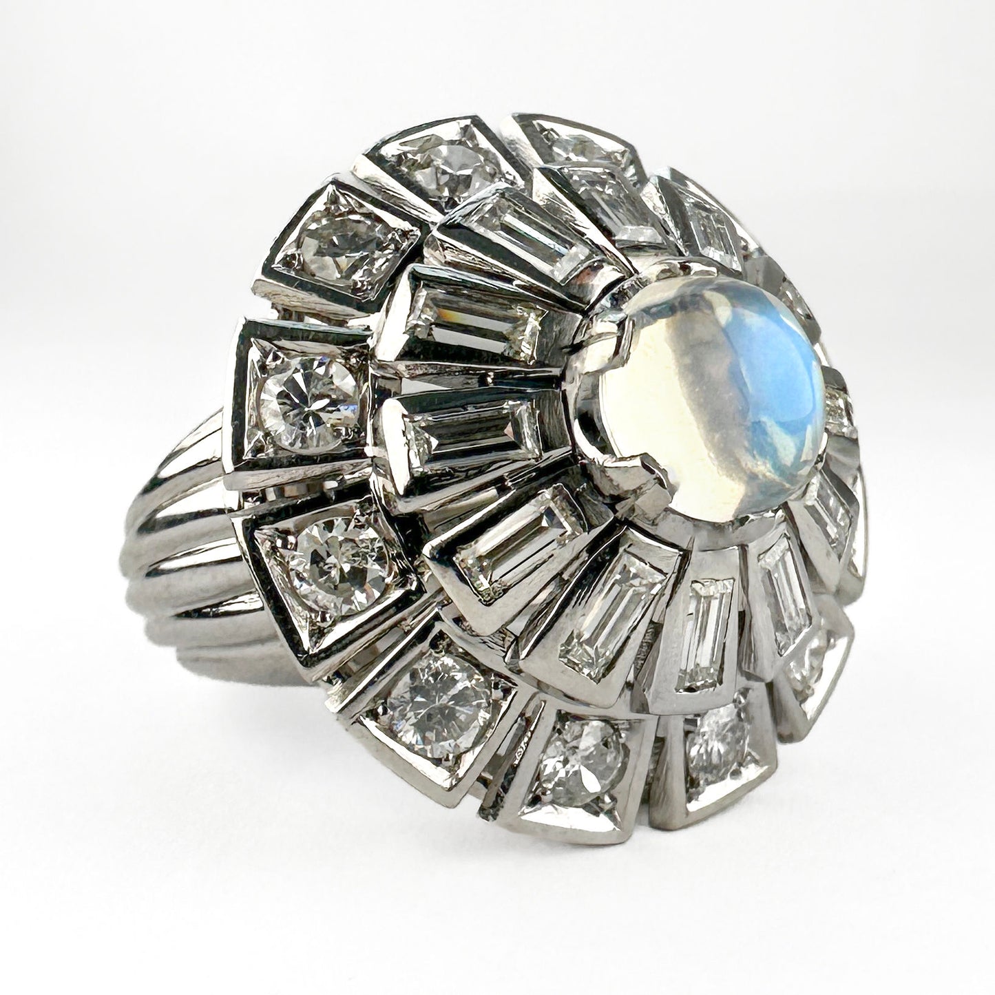Vintage 1960s Moonstone and Diamond Cluster Cocktail Ring in Platinum