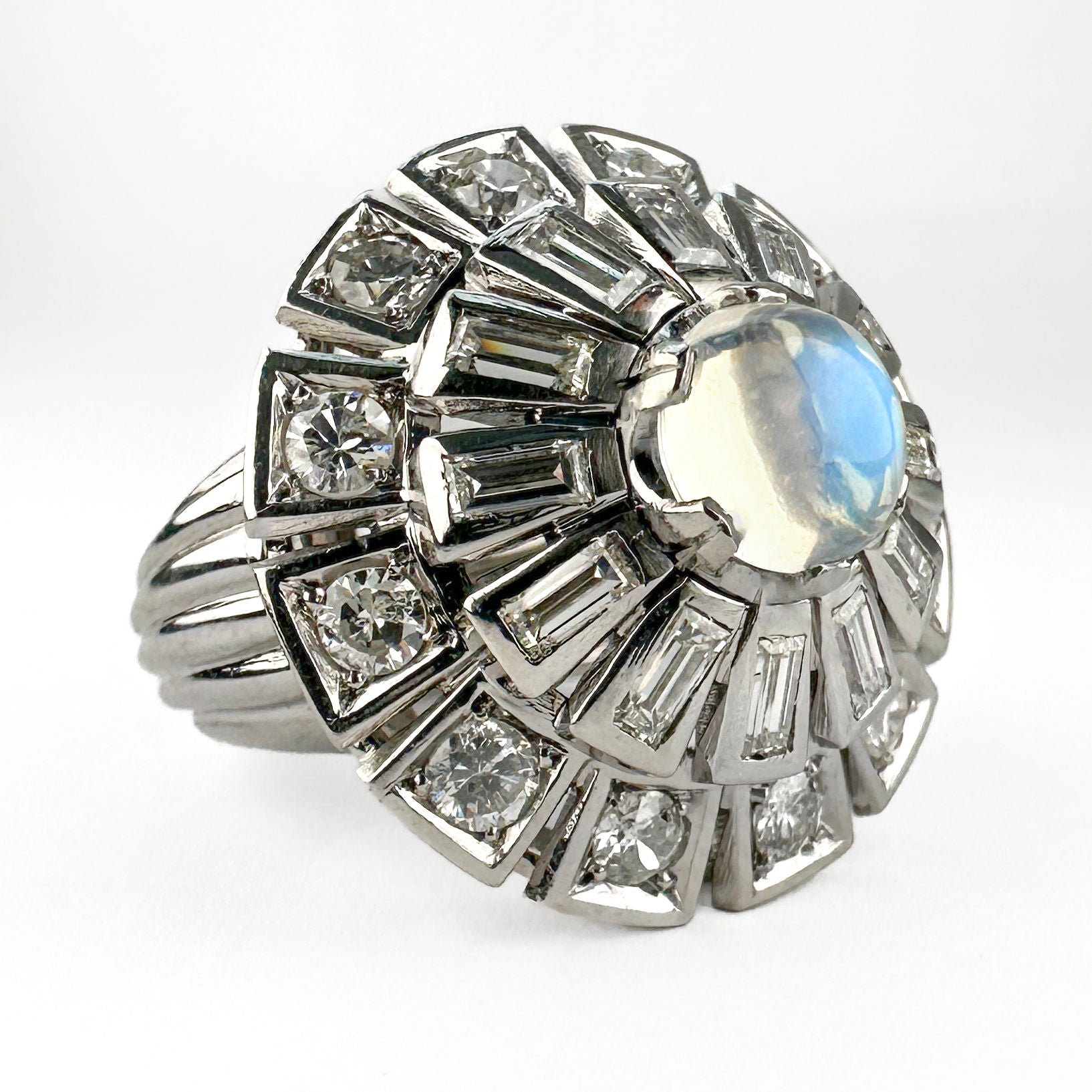 Vintage 1960s Moonstone and Diamond Cluster Cocktail Ring in Platinum