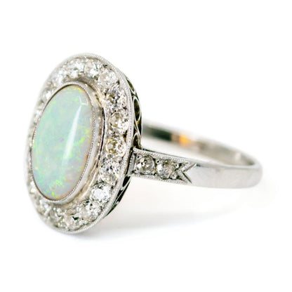 Opal and Old Mine Cut Diamond Cluster Engagement Ring in Platinum