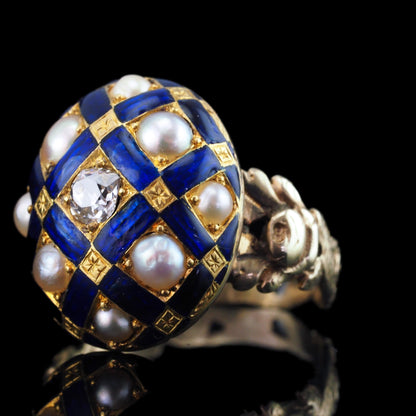 Victorian Antique Blue Enamel Diamond and Pearl Ring