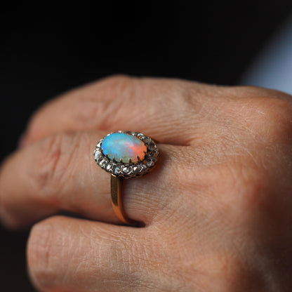Victorian Antique Opal and Diamond Cluster Engagement Ring