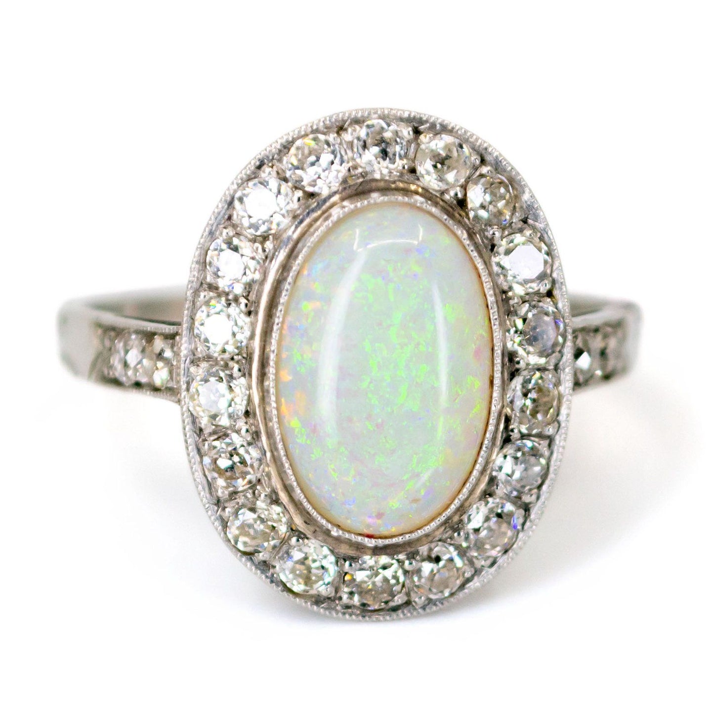 Opal and Old Mine Cut Diamond Cluster Engagement Ring in Platinum