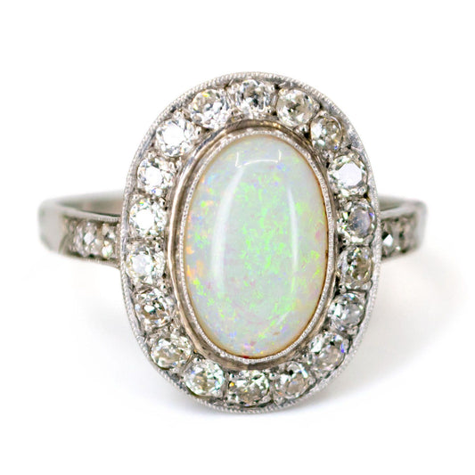 Opal and Old Mine Cut Diamond Cluster Engagement Ring in Platinum