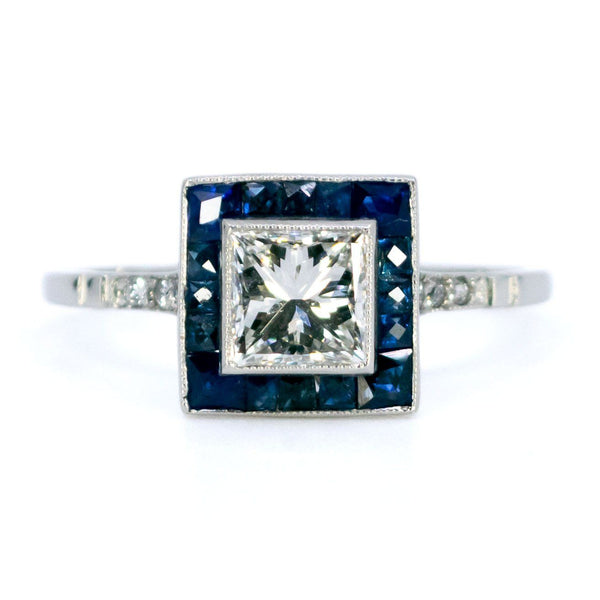 Platinum, Sapphire and Diamond Square Shaped Cluster Ring, 0.78 Carat Centre