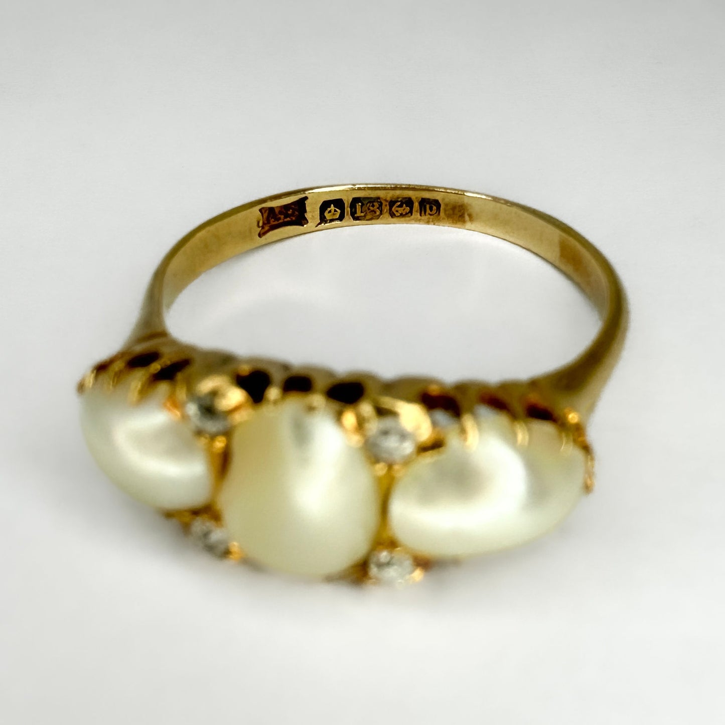 Victorian Antique Natural Pearl Three Stone Ring with Diamonds