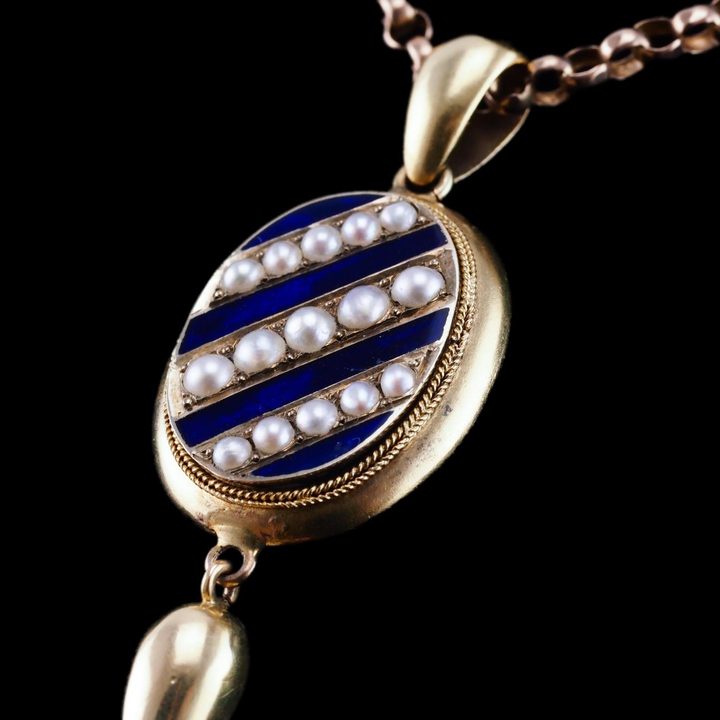 Antique Victorian 15ct Gold Blue Enamel and Pearl Pendant Locket Necklace - c.1880