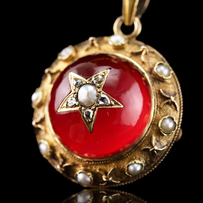 Antique Victorian Diamond & Pearl Star Necklace with Red Rock Crystal Cabochon 15ct Gold - c.1880