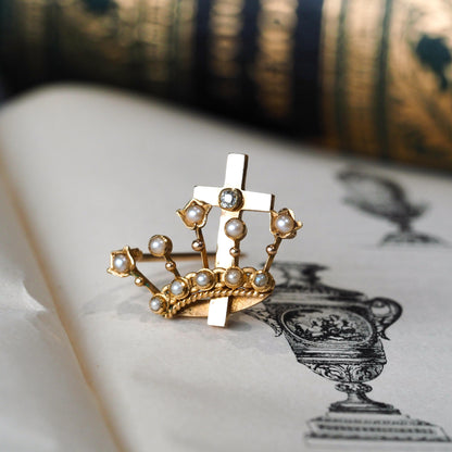 Antique Crown/Coronet Brooch Diamond & Pearls with Cross 15K Gold - c.1890