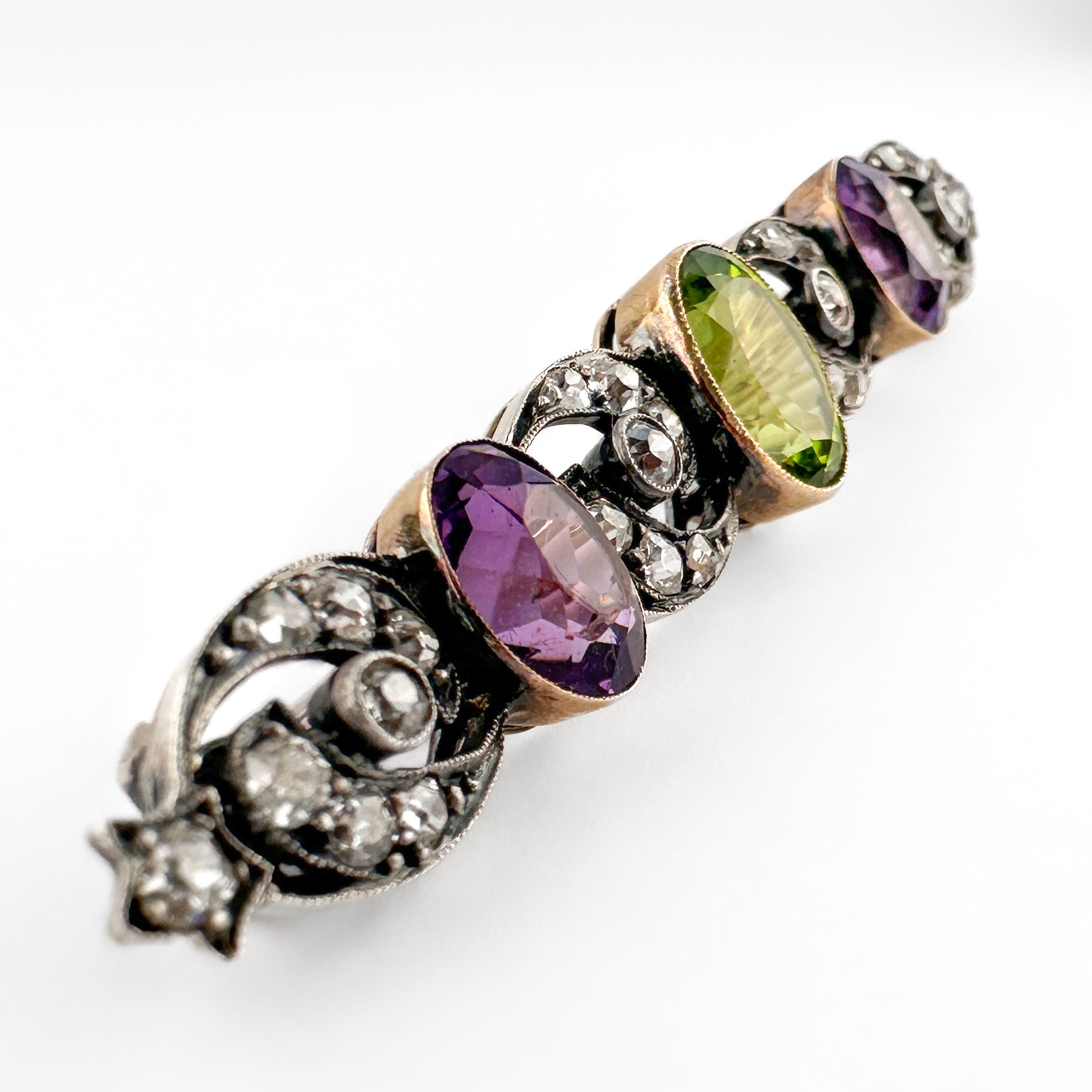 Edwardian Antique Suffragette Style Amethyst Peridot Diamond Brooch