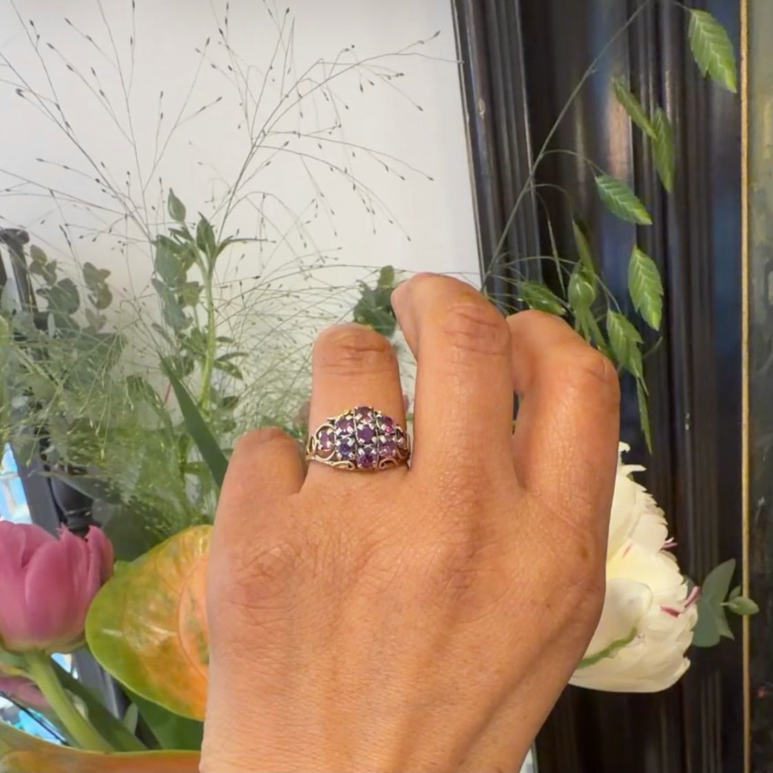 Vintage 14 Carat Yellow and White Gold Ruby Cluster Ring, 1.35 Carats