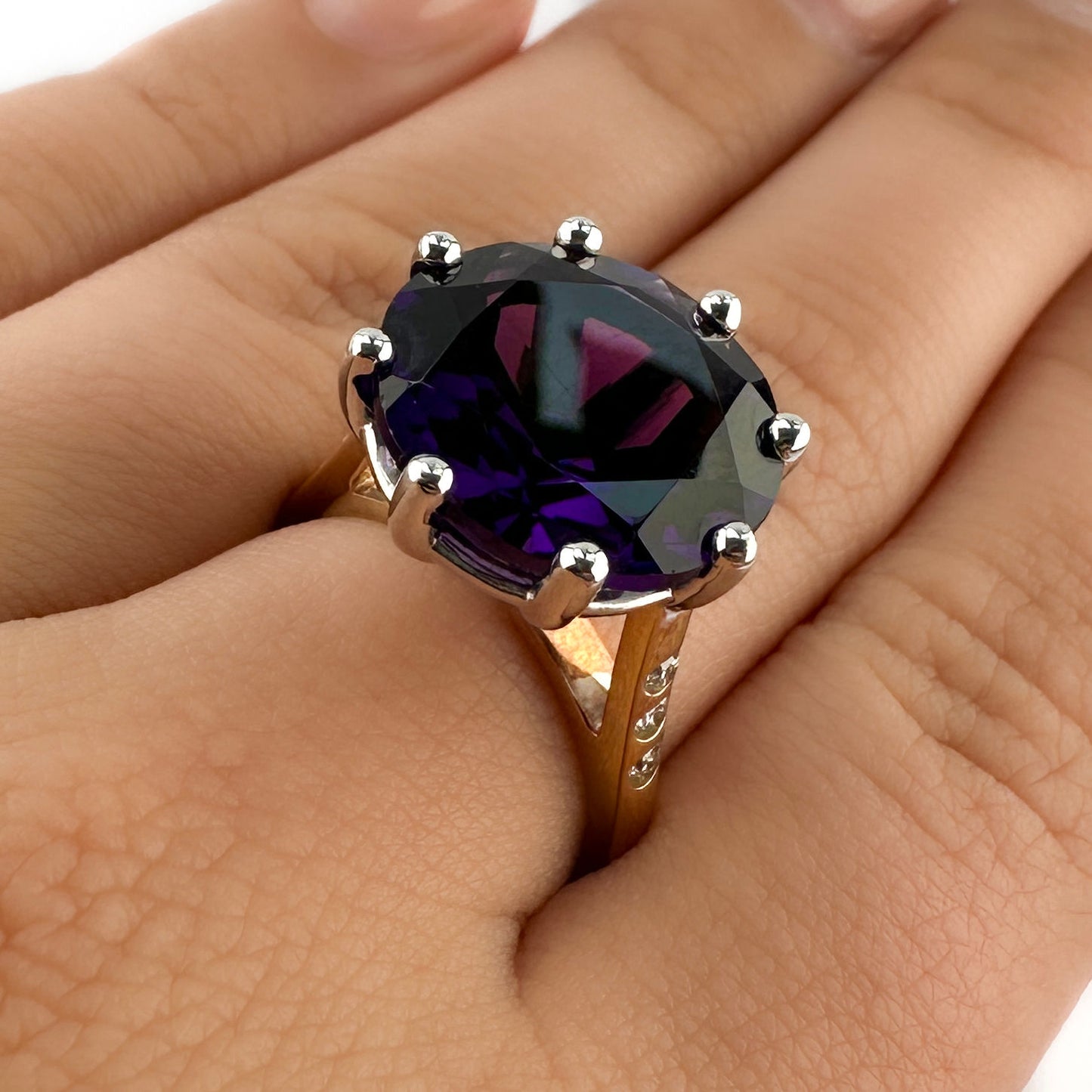 Large Vintage Amethyst Solitaire Cocktail Ring with Diamond Shoulders