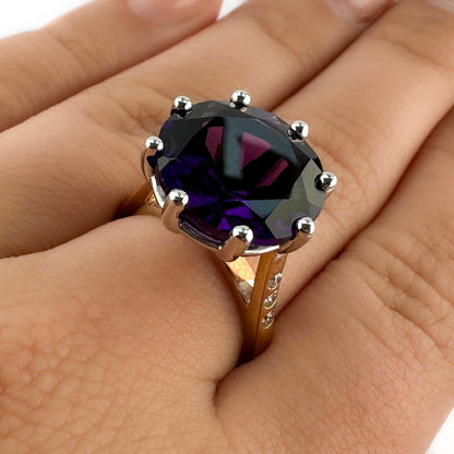 Large Vintage Amethyst Solitaire Cocktail Ring with Diamond Shoulders