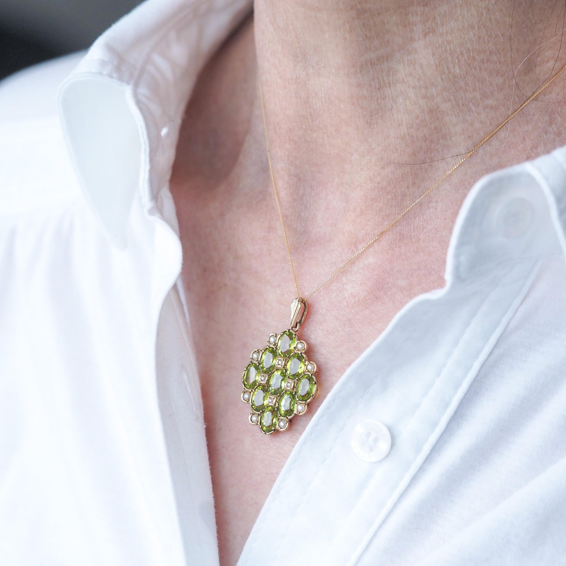 Vintage Peridot and Pearl Cluster Pendant