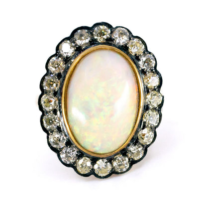 Vintage 14 Carat Yellow Gold, Silver, Opal and Diamond Oval Cluster Ring