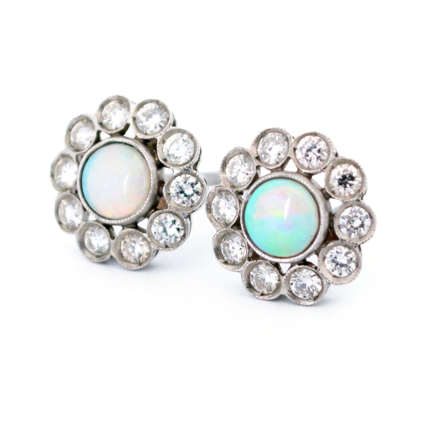 Opal and Diamond Cluster Stud Earrings in Platinum