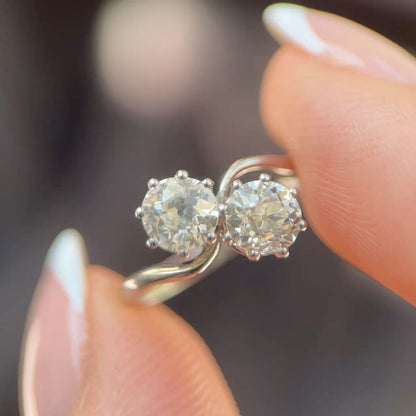Edwardian Antique Two Stone Crossover Toi et Moi Engagement Ring in Platinum