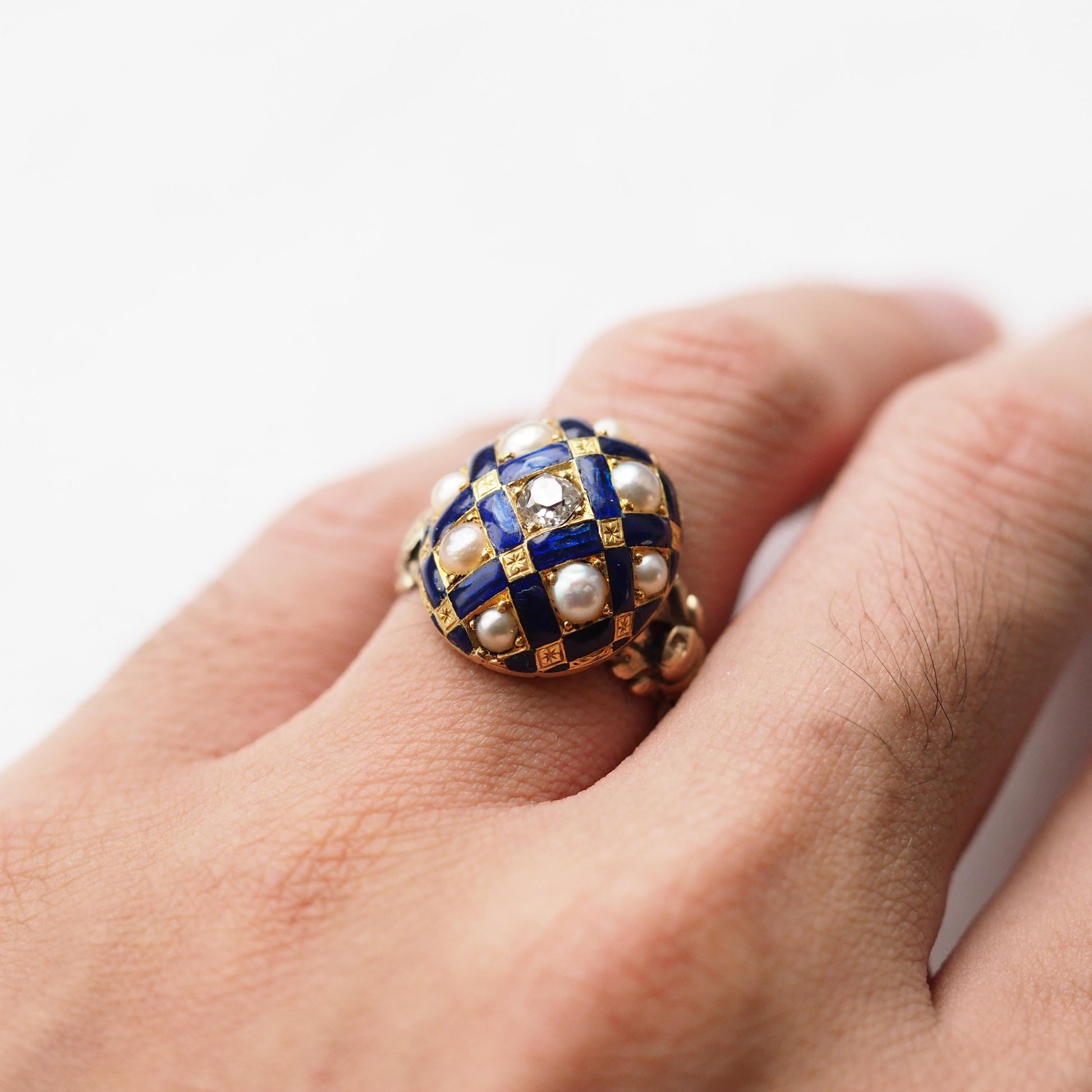 Victorian Antique Blue Enamel Diamond and Pearl Ring