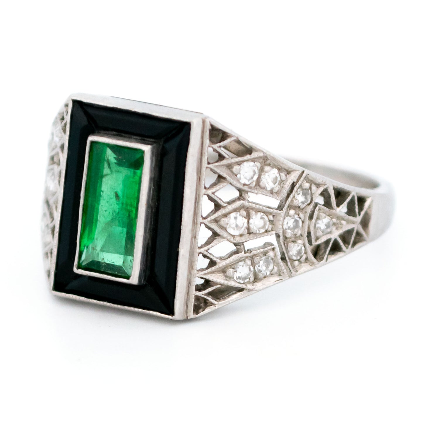 Vintage Platinum, Emerald, Onyx and Diamond Dress Ring, 0.60 Carat