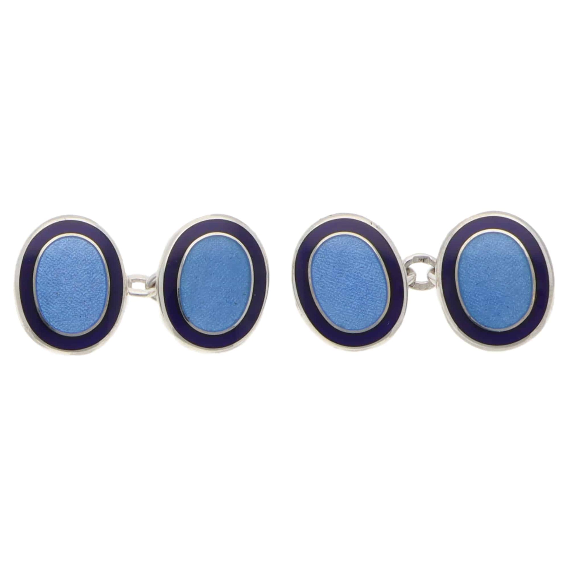 Contemporary Pair of Navy and Blue Enamel Oval Cufflinks in Silver