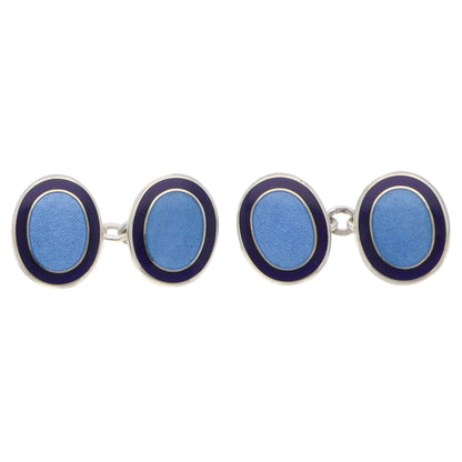 Contemporary Pair of Navy and Blue Enamel Oval Cufflinks in Silver