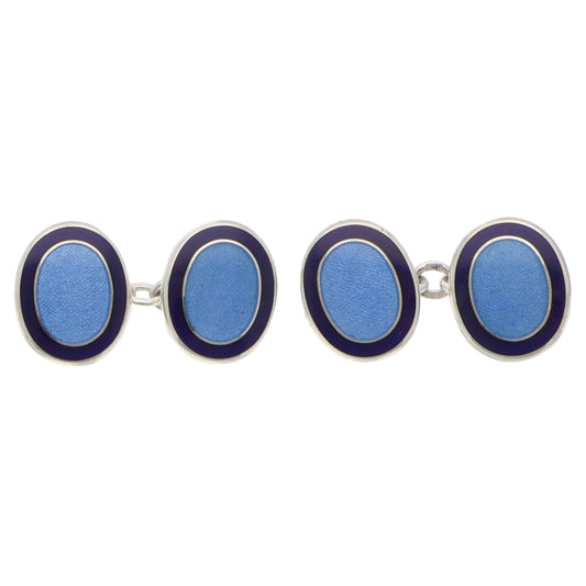 Contemporary Pair of Navy and Blue Enamel Oval Cufflinks in Silver