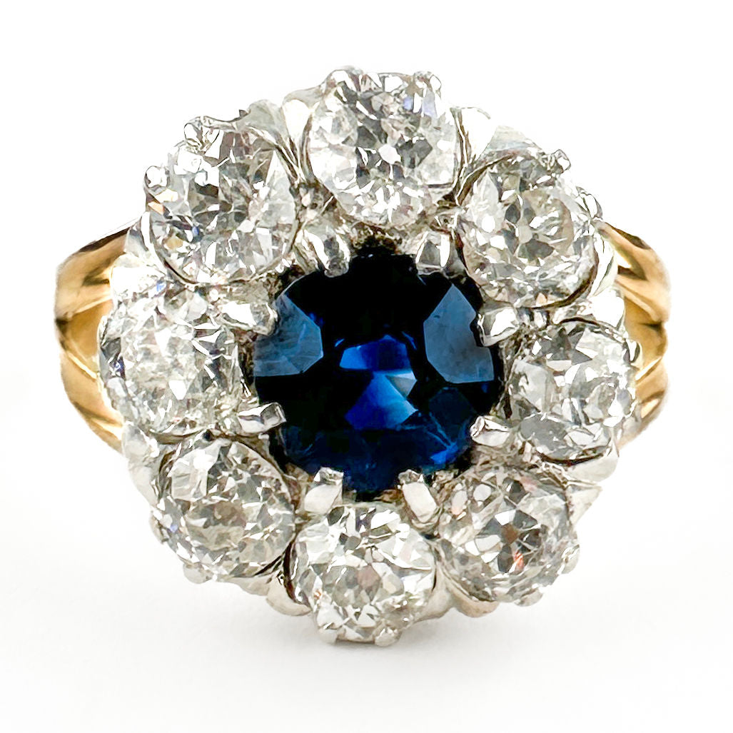 Victorian Antique Ceylon Sapphire and Diamond Daisy Cluster Engagement Ring